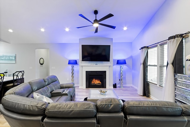 1333 Andy Way, Pataskala, OH 43062 - living area featuring ceiling fan, wood finished floors, lofted ceiling, a lit fireplace, and recessed lighting