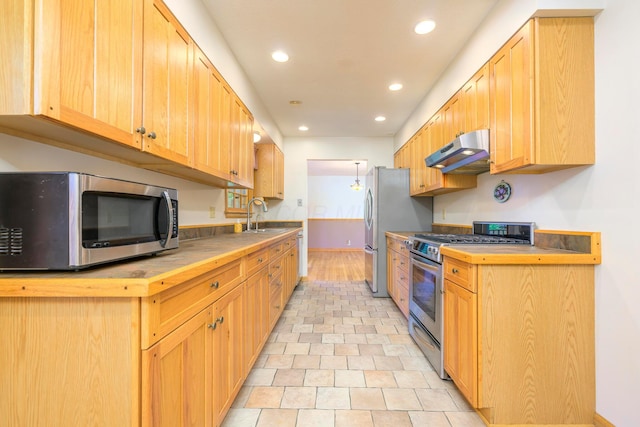 20 Snider Rd, New Carlisle, OH 45344 - kitchen with under cabinet range hood, stainless steel appliances, recessed lighting, a sink, and baseboards