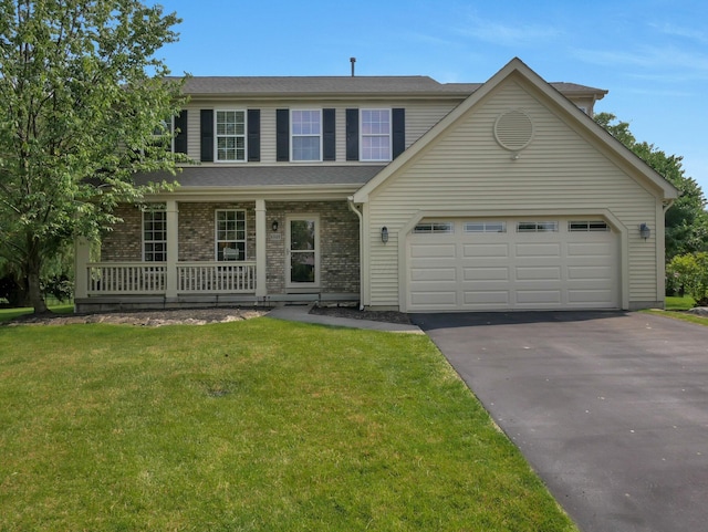 6048 Trent Ct, Lewis Center, OH 43035 - traditional-style house with a porch, driveway, a front yard, a garage, and brick siding