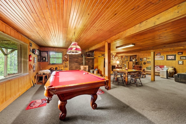 26975 Chapel Ridge Rd, South Bloomingville, OH 43152 - playroom with wood ceiling, wooden walls, carpet flooring, a wood stove, and billiards table