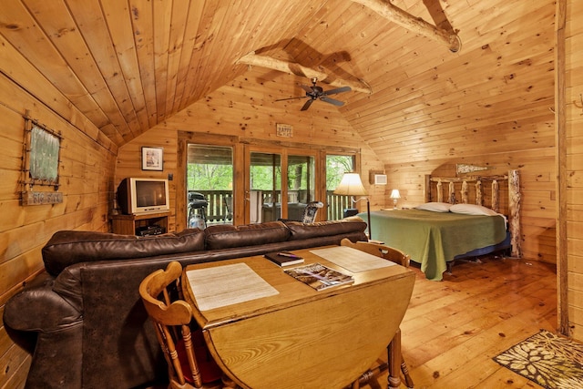 26975 Chapel Ridge Rd, South Bloomingville, OH 43152 - living area featuring wooden walls, ceiling fan, lofted ceiling, wooden ceiling, and wood-type flooring