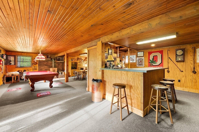 26975 Chapel Ridge Rd, South Bloomingville, OH 43152 - indoor dry bar featuring wooden ceiling, wood walls, billiards table, and carpet floors