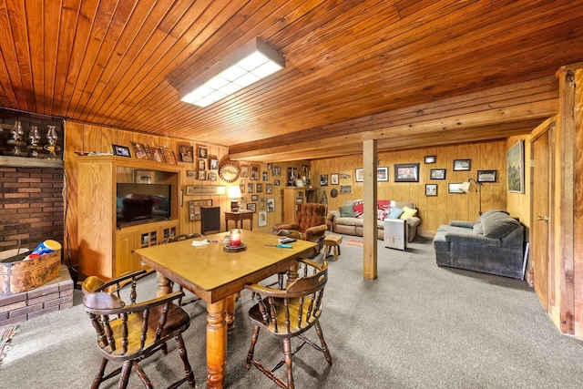 26975 Chapel Ridge Rd, South Bloomingville, OH 43152 - carpeted dining area featuring wooden walls and wooden ceiling