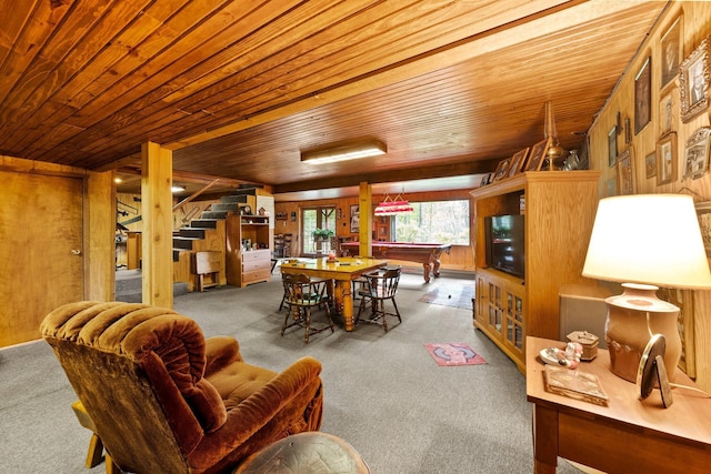 26975 Chapel Ridge Rd, South Bloomingville, OH 43152 - dining room with wooden ceiling, carpet, billiards, stairs, and wooden walls