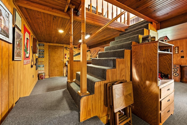 26975 Chapel Ridge Rd, South Bloomingville, OH 43152 - staircase with carpet flooring, wood ceiling, and wood walls
