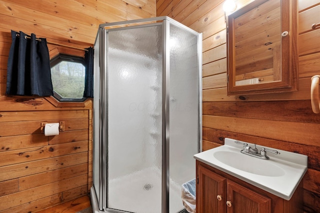 26975 Chapel Ridge Rd, South Bloomingville, OH 43152 - bathroom featuring wood walls, a shower stall, and vanity