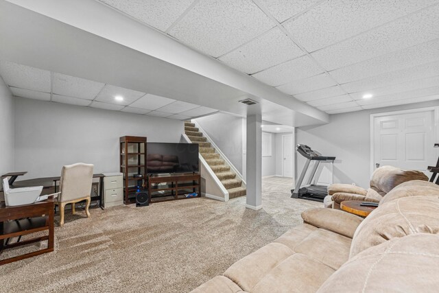 6389 Riverstone Dr, Columbus, OH 43228 - living area featuring a drop ceiling, carpet, stairs, recessed lighting, and baseboards