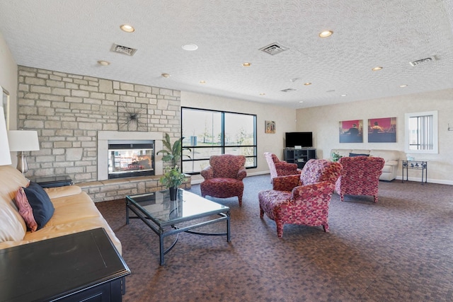 4655 Parrau Dr Unit 66A, Columbus, OH 43228 - living area with carpet, healthy amount of natural light, a brick fireplace, a textured ceiling, and recessed lighting