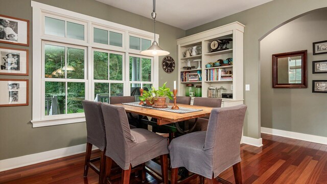 122 Boulder Ct, Granville, OH 43023 - dining room with arched walkways, dark wood-style flooring, baseboards, and healthy amount of natural light