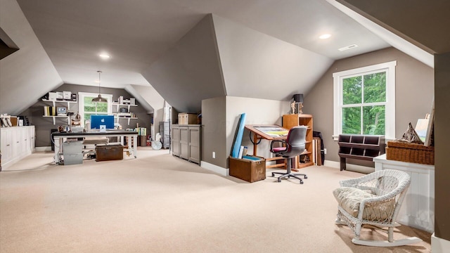 122 Boulder Ct, Granville, OH 43023 - carpeted home office featuring vaulted ceiling, healthy amount of natural light, baseboards, and recessed lighting