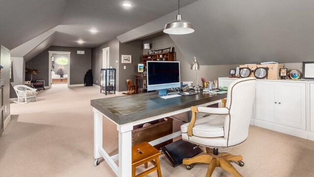 122 Boulder Ct, Granville, OH 43023 - carpeted home office featuring vaulted ceiling and recessed lighting