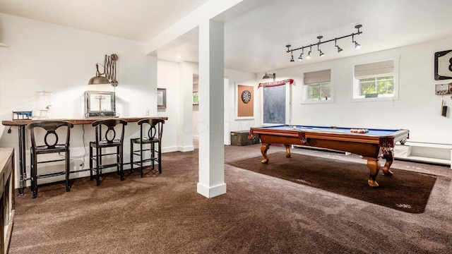 122 Boulder Ct, Granville, OH 43023 - game room with carpet, billiards, baseboards, and track lighting