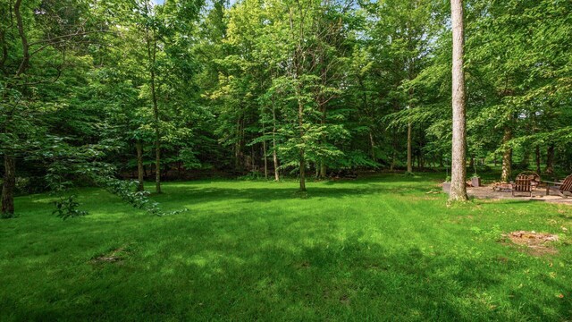 122 Boulder Ct, Granville, OH 43023 - view of green lawn with a fire pit, a wooded view, and a patio area