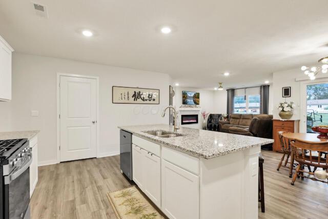 351 Trinity Way W, Newark, OH 43055 - kitchen with a sink, a glass covered fireplace, dishwasher, light wood-style floors, and recessed lighting