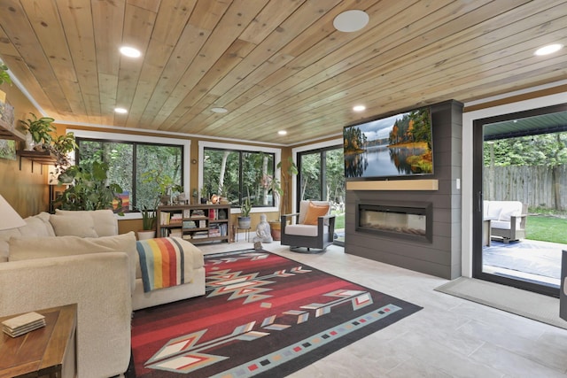 29 Pocono Rd, Columbus, OH 43235 - living area featuring a fireplace, wooden ceiling, and recessed lighting