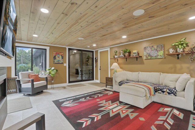 29 Pocono Rd, Columbus, OH 43235 - living area featuring recessed lighting, wooden ceiling, tile patterned floors, and ornamental molding