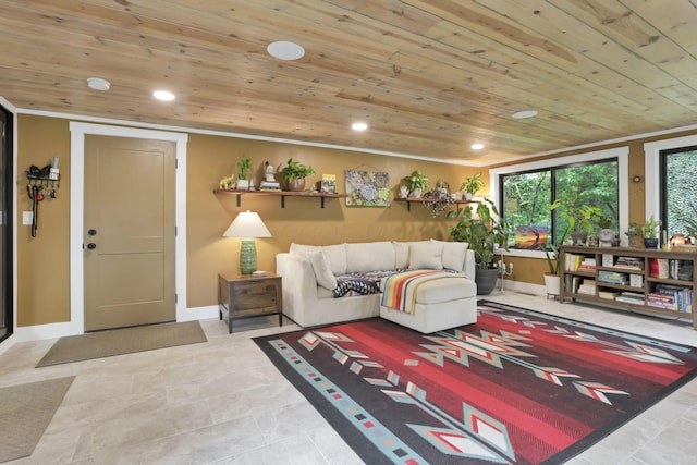 29 Pocono Rd, Columbus, OH 43235 - living room with wood ceiling, recessed lighting, baseboards, and ornamental molding