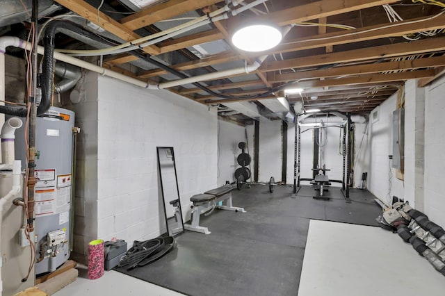 29 Pocono Rd, Columbus, OH 43235 - exercise room featuring gas water heater, concrete block wall, and electric panel