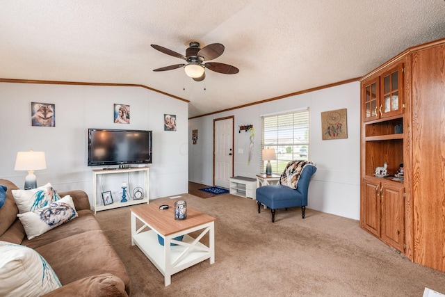 2389 Bluff Run Dr, Grove City, OH 43123 - living area featuring crown molding, a ceiling fan, light colored carpet, a textured ceiling, and vaulted ceiling