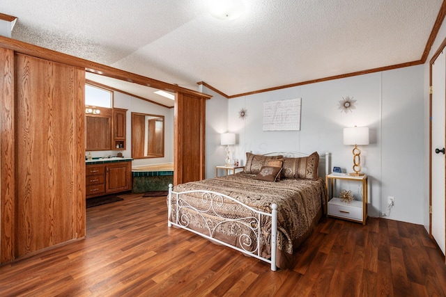 2389 Bluff Run Dr, Grove City, OH 43123 - bedroom featuring a textured ceiling, dark wood-type flooring, lofted ceiling, and crown molding