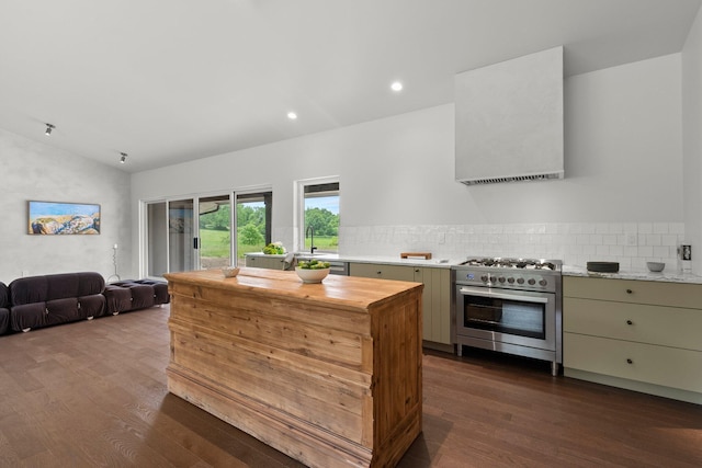 7931 Concord Rd, Johnstown, OH 43031 - kitchen with high end stainless steel range, lofted ceiling, ventilation hood, wood counters, and dark wood-style flooring