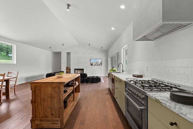 7931 Concord Rd, Johnstown, OH 43031 - kitchen with appliances with stainless steel finishes, custom exhaust hood, vaulted ceiling, open shelves, and open floor plan