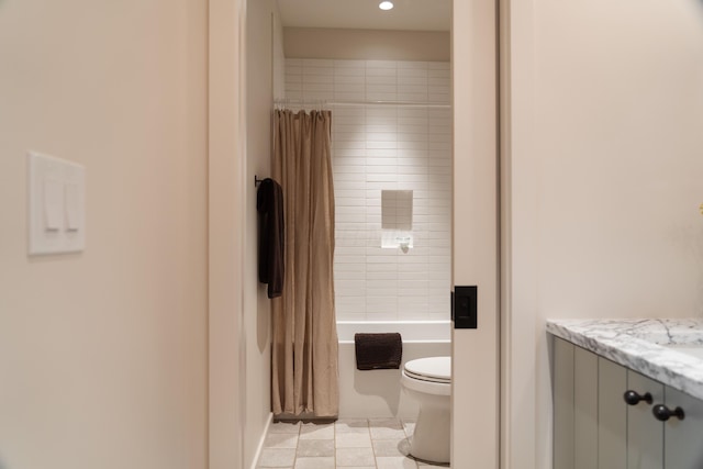 7931 Concord Rd, Johnstown, OH 43031 - full bath featuring vanity, shower / tub combo with curtain, recessed lighting, and tile patterned floors