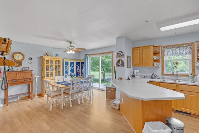 5971 Weaver Rd, Conneaut, OH 44030 - kitchen with light countertops, light wood-style floors, a sink, a ceiling fan, and a peninsula