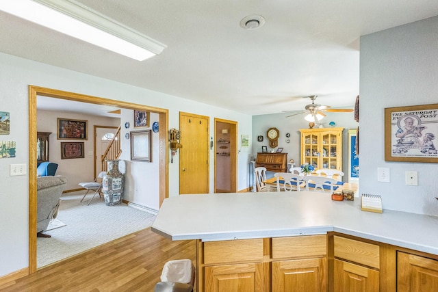 5971 Weaver Rd, Conneaut, OH 44030 - kitchen featuring a peninsula, light wood-style floors, ceiling fan, light countertops, and open floor plan