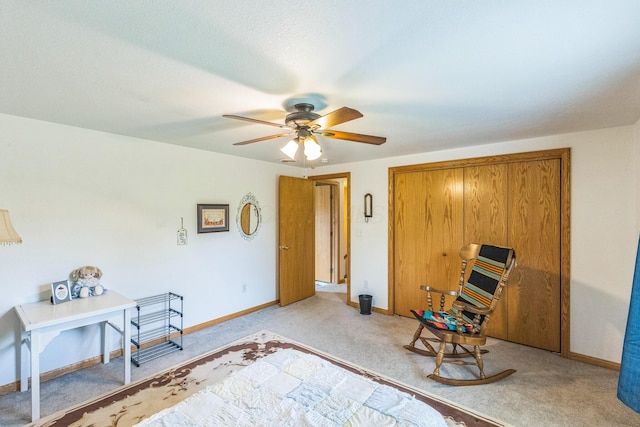 5971 Weaver Rd, Conneaut, OH 44030 - bedroom featuring light carpet, baseboards, ceiling fan, and a closet