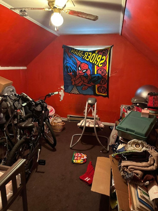 803 Demorest Rd, Columbus, OH 43204 - game room featuring vaulted ceiling, ceiling fan, and carpet floors