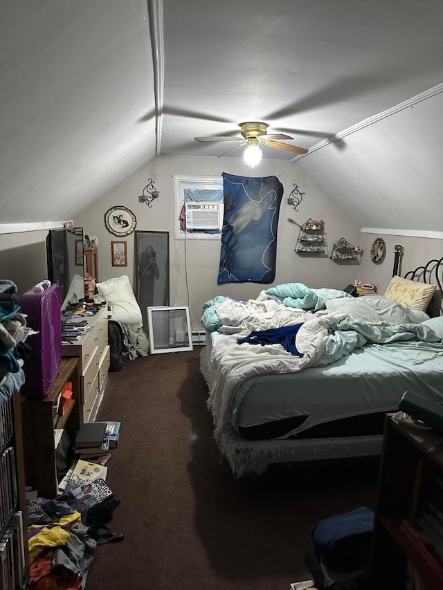 803 Demorest Rd, Columbus, OH 43204 - bedroom featuring vaulted ceiling, dark colored carpet, ceiling fan, and a wall unit AC