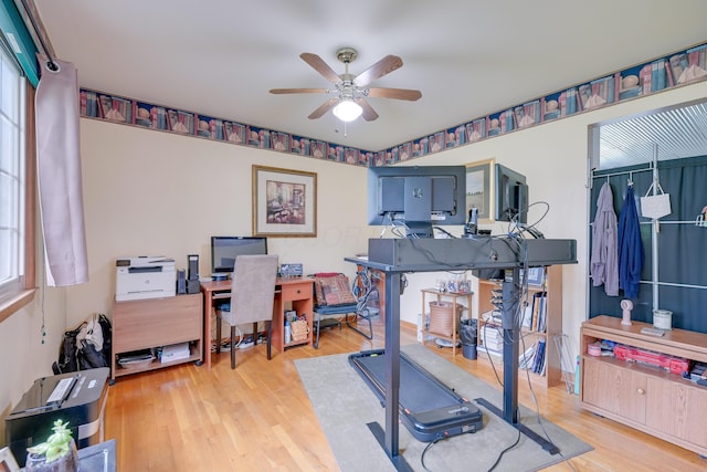 4909 Vanlear Rd, Columbus, OH 43229 - exercise room featuring a ceiling fan and wood finished floors