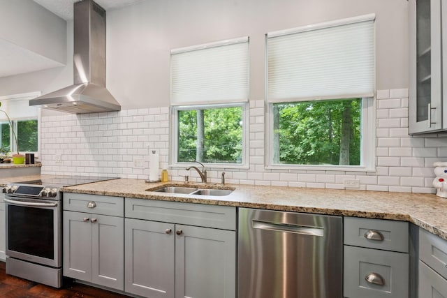 5191 Hialeah Ct, Columbus, OH 43221 - kitchen featuring appliances with stainless steel finishes, island exhaust hood, a sink, gray cabinetry, and decorative backsplash