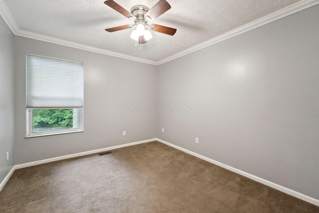 5191 Hialeah Ct, Columbus, OH 43221 - empty room with a textured ceiling, baseboards, ceiling fan, carpet floors, and crown molding