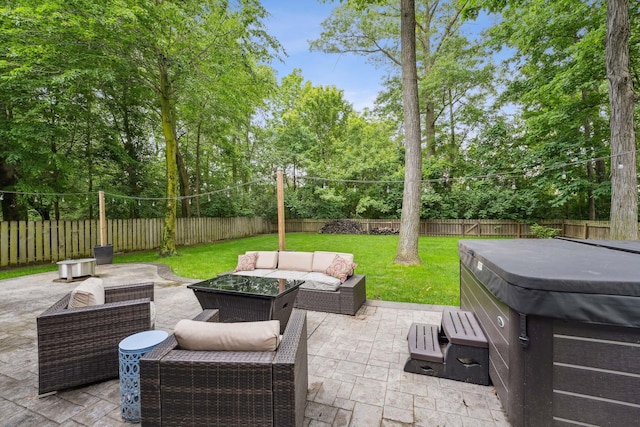 5191 Hialeah Ct, Columbus, OH 43221 - view of patio with a hot tub, an outdoor living space, and view of scattered trees