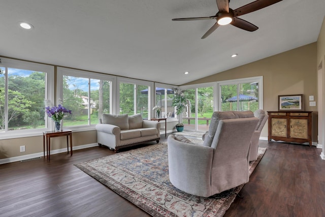 68 Nadine Pl N, Westerville, OH 43081 - living area with lofted ceiling, dark wood-type flooring, a ceiling fan, healthy amount of natural light, and recessed lighting