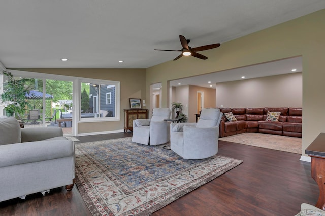 68 Nadine Pl N, Westerville, OH 43081 - living room featuring lofted ceiling, a ceiling fan, dark wood-type flooring, and recessed lighting