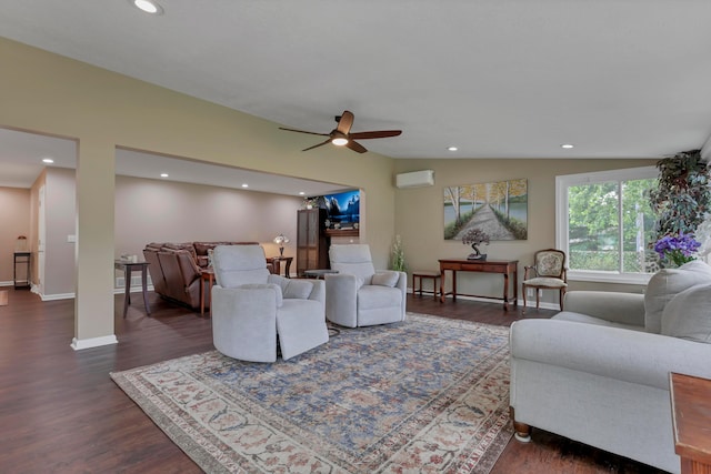 68 Nadine Pl N, Westerville, OH 43081 - living area with a wall mounted AC, dark wood-type flooring, ceiling fan, and recessed lighting