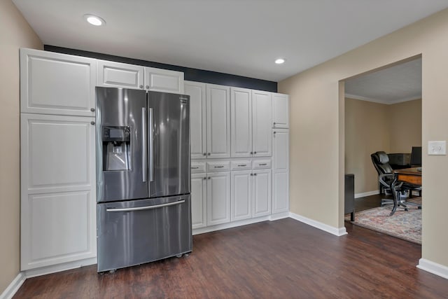 68 Nadine Pl N, Westerville, OH 43081 - kitchen featuring stainless steel refrigerator with ice dispenser, dark wood-style floors, white cabinetry, recessed lighting, and a desk