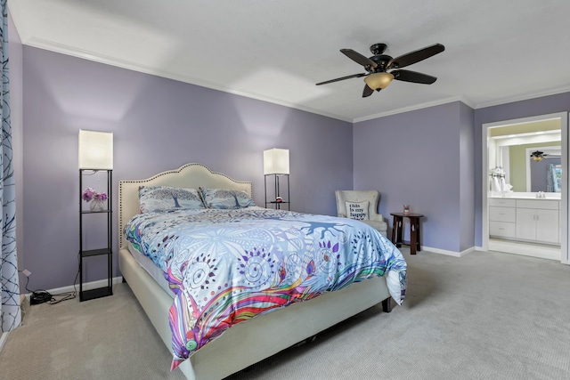68 Nadine Pl N, Westerville, OH 43081 - bedroom with carpet floors, ornamental molding, a ceiling fan, and ensuite bath