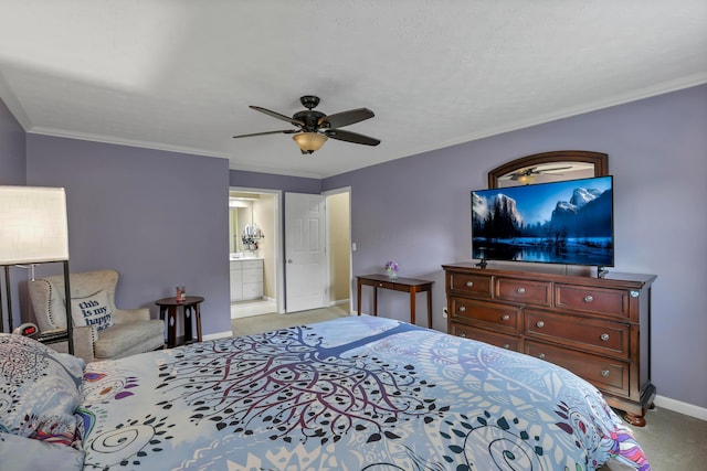 68 Nadine Pl N, Westerville, OH 43081 - bedroom featuring light carpet, crown molding, a ceiling fan, and ensuite bathroom