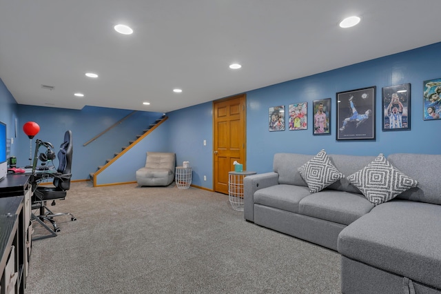 68 Nadine Pl N, Westerville, OH 43081 - living room with recessed lighting, carpet floors, stairway, and an office area