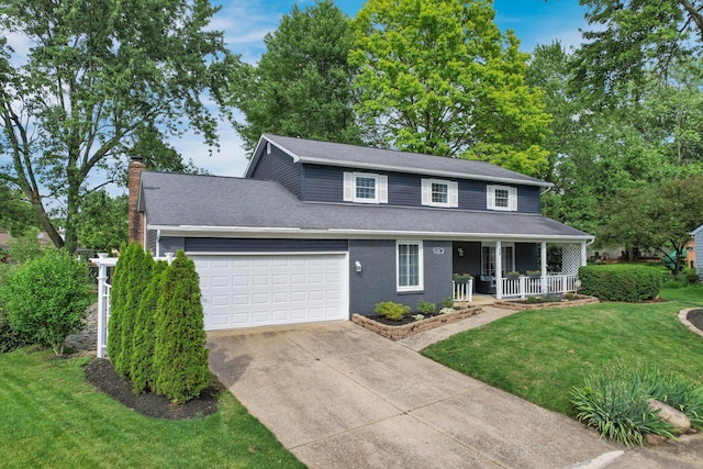 68 Nadine Pl N, Westerville, OH 43081 - traditional home with covered porch, a garage, a chimney, concrete driveway, and a front yard