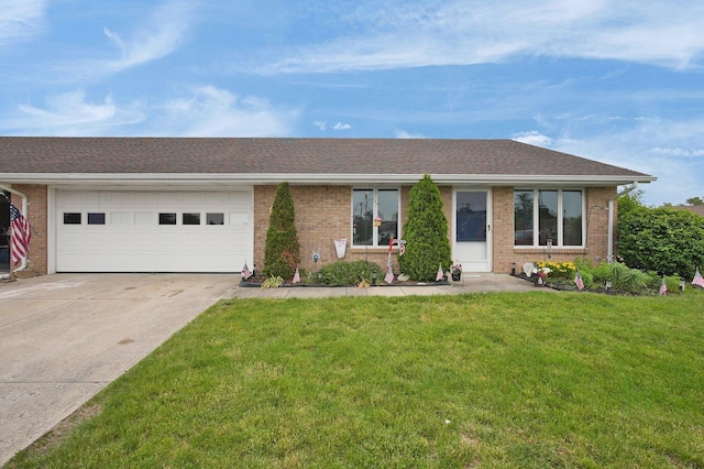 452 Samantha Cir Unit 10, London, OH 43140 - ranch-style home with concrete driveway, brick siding, an attached garage, a front yard, and a shingled roof