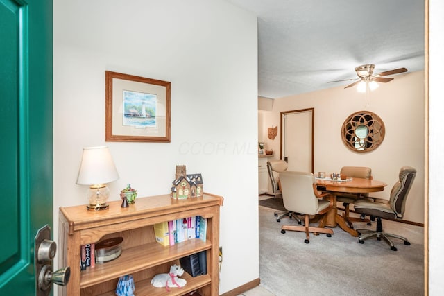 2423 Hooverside Ln, Grove City, OH 43123 - dining area with ceiling fan, carpet floors, and baseboards