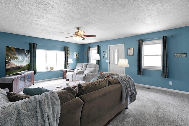 13111 King Rd NE, Thornville, OH 43076 - living area featuring baseboards, carpet flooring, plenty of natural light, a ceiling fan, and a textured ceiling