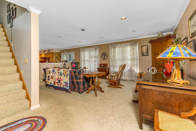 445 Cedar Hill Rd SW, Amanda, OH 43102 - carpeted living area featuring stairway, crown molding, and recessed lighting