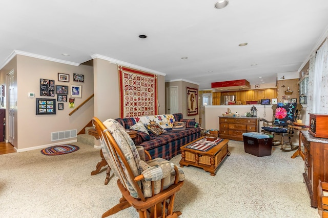 445 Cedar Hill Rd SW, Amanda, OH 43102 - living area with ornamental molding, light colored carpet, recessed lighting, and stairway