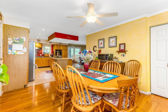 445 Cedar Hill Rd SW, Amanda, OH 43102 - dining space with ceiling fan, light wood-style flooring, recessed lighting, and ornamental molding
